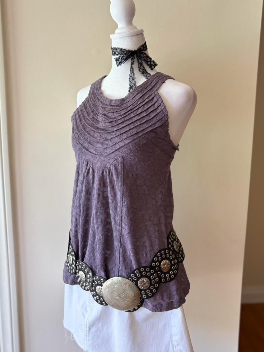 RARE Free People vintage Y2K fairy boho embroidered tank top purple floral S - Picture 6 of 11